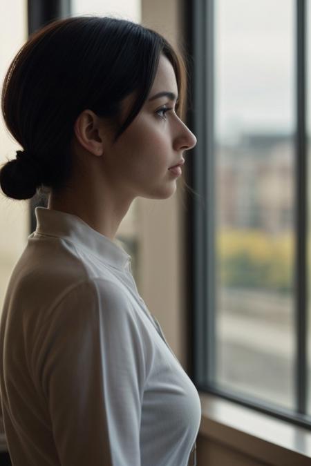 a woman inspired Enya stands near a window, from her look she is very deep in thoughts, profile view is very close with close-up focus on face,
