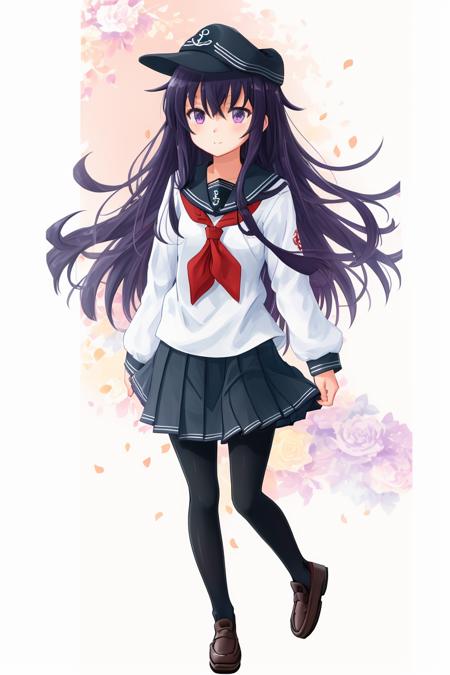 masterpiece, best quality,1girl, solo, long hair, akatsuki, hat, pantyhose, school uniform, serafuku, skirt, purple eyes, hair, black pantyhose, neckerchief, purple eyes, red neckerchief, pleated skirt, anchor symbol, looking at viewer, shoes, flat cap, loafers, standing, full body, <lora:xiao:1>