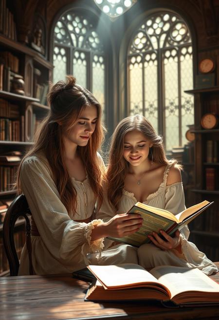 beautiful women with light brown hairs in light rustic fantasy dress seating on a table and reading magic spell book. Man with black short hair looking at her and smile. Man and women are in a magic huge ancient library, flying books with magic circles around, ray of light from huge windows. Picture is full of magic and romantic. High quality, super detailed face, long short, full body, focus on face