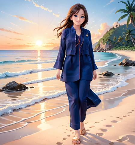 1girl, on a beach, walking away, sunset, Navy Blue Kebaya Rokiah clothing, full body, faraway, long hair, tropic, blue eyes, brunette, sandals, footprints on sand, happy, excited, two legs, bare skin
intricate, elegant, sharp focus, cinematic, highly detailed, quality, romantic, very inspirational, innocent, still, dynamic background, light, shining, clear, color, fine detail, open artistic, professional, emotional, pretty, beautiful, amazing, pure, attractive <lora:Navy Blue Kebaya Rokiah_clothing-000007:1>