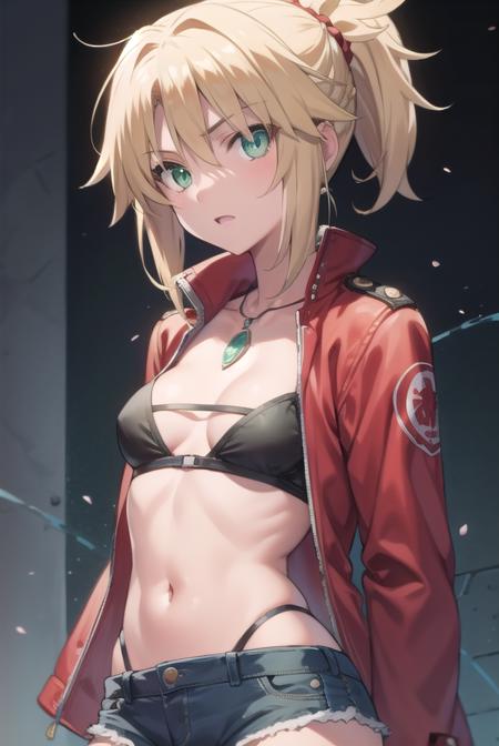 fgomordred, <lyco:mordred-lyco-nochekaiser:1>,
modred, (green eyes:1.5), blonde hair, ponytail, short hair, scrunchie, red scrunchie, hair scrunchie, (small breast:1.2),
BREAK denim, denim shorts, jacket, jewelry, midriff, navel, necklace, red jacket, short shorts, shorts, tube top, white top,
BREAK looking at viewer,
BREAK outdoors, beach,
BREAK <lyco:GoodHands-beta2:1>, (masterpiece:1.2), best quality, high resolution, unity 8k wallpaper, (illustration:0.8), (beautiful detailed eyes:1.6), extremely detailed face, perfect lighting, extremely detailed CG, (perfect hands, perfect anatomy),