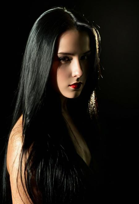 award-winning-photo, masterpiece, 18 year old female, long black hair, sensual, mood lighting, exciting shadows, depth of field, perfect composition.  studio lighting