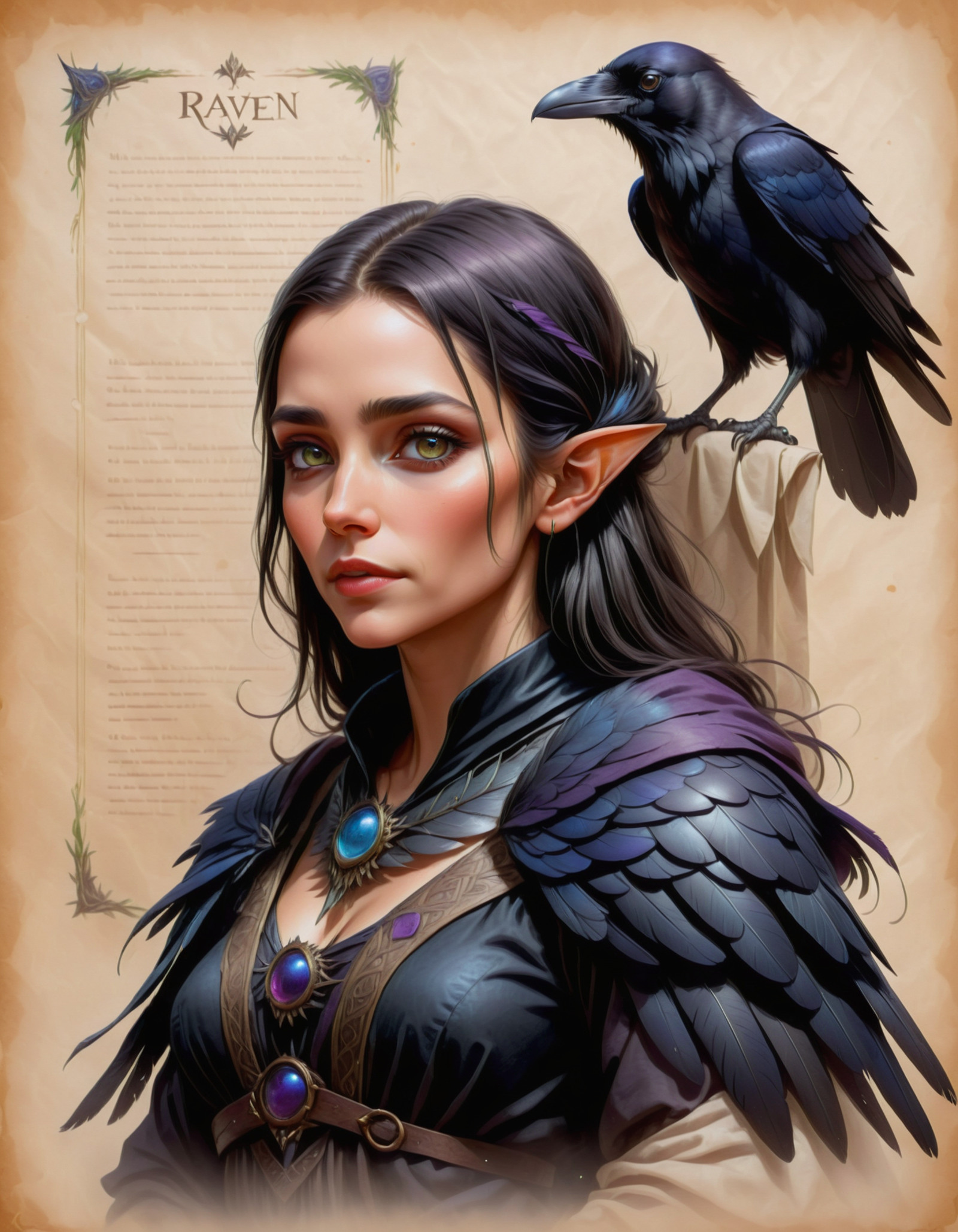A fantasy art illustration of an elf woman with an owl on her shoulder.