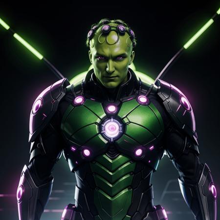 anime artwork of  <lora:Brainiac SD1.5:1.2>
Brainiac a man with green lights standing in front of a dark background, anime style, key visual, vibrant, studio anime,  highly detailed