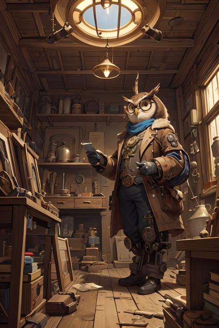 The inventor, a wise owl with glasses, is caught in a moment of genius. A steampunk-inspired inventor's workshop, filled with curious gadgets, mechanical marvels, and hidden wonders. Hyper-detailed, 4k, whimsical, nostalgic, innovative design, rich textures, engaging storytelling, <lora:GoodHands-beta2:1>