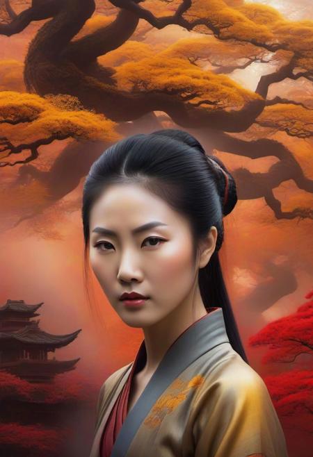 beautiful 35 years old chinese face with hairs dissolving into liquid mystic yellow oil paint atmospheric scene, bonzai red trees background top and bonzai orange trees bottom foreground, fog ambiance, ominous, matte painting movie poster, Intricate, Complex contrast, HDR, Sharp, soft Cinematic Volumetric lighting, flowery pastel colors, wide long shot, perfect masterpiece,by antonio mora and eduardo cobra