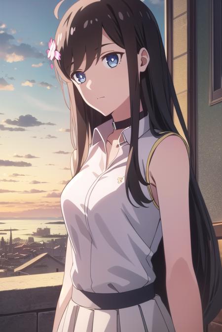 sunrong, <lora:sunrong-lora-nochekaiser:1>,
sun rong, long hair, black hair, hair ornament, ahoge, blue eyes, hair flower,
BREAK skirt, shirt, white shirt, sleeveless, choker, black choker, white skirt,
BREAK looking at viewer,
BREAK outdoors,
BREAK <lyco:GoodHands-beta2:1>, (masterpiece:1.2), best quality, high resolution, unity 8k wallpaper, (illustration:0.8), (beautiful detailed eyes:1.6), extremely detailed face, perfect lighting, extremely detailed CG, (perfect hands, perfect anatomy),