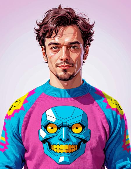 Terrorwave, Dreamy lower class burly Male Economist, in Cyborg Sweater, CMYK Colors, Sosaku Hanga, portrait art by Ian Howorth