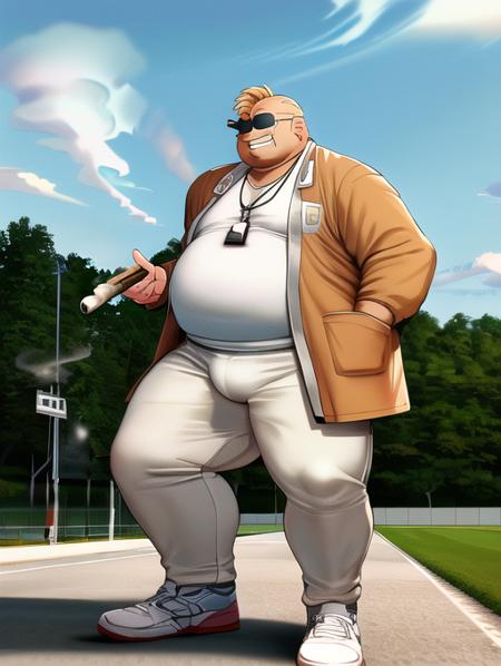 best quality, masterpiece, highres, detailed, perfect anatomy,  <lora:Detail - more_details:0.2>, PETeacherCh, <lyco:PEteacher-10:0.8>, 1man, school, sports jacket, open jacket, white shirt, whistle around neck, track pants, FFCorneo, blonde hair, fat man, smoking, cigar, outdoors, head tattoo, <lora:Character - FFCorneo:0.7>, standing, evil smile, bulge,