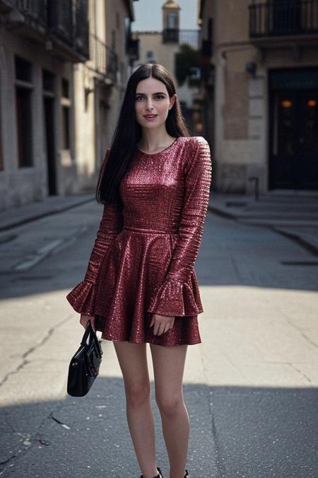 a beautiful woman, age 28, Spanish, black hair, cute smile, red skater dress, high heels wedges,no bra,  
((wide shot)),  (full body shot),  (establishing shot),  analog photograph,  professional fashion photoshoot,  hyperrealistic,  masterpiece,  trending on artstation, krrrsty, Extremely Realistic, art by sargent, PORTRAIT PHOTO, 
Aligned eyes,  Iridescent Eyes,  (blush,  eye_wrinkles:0.6),  (goosebumps:0.5),  subsurface scattering,  ((skin pores)),  (detailed skin texture),  (( textured skin)),  realistic dull (skin noise),  visible skin detail,  skin fuzz,  dry skin,  hyperdetailed face,  sharp picture,  sharp detailed,  (((analog grainy photo vintage))),  Rembrandt lighting,  ultra focus,  illuminated face,  detailed face,  8k resolution,  blurry Spanish village background, masterpiece, professional photography, very detailed, ultra realistic,