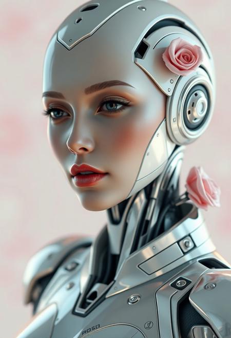 ultra-detailed, photorealistic female android, elegant futuristic design with soft metallic silver and white plating, subtle glowing circuitry lines, a single delicate pink rose tucked behind her ear, serene facial expression, cinematic lighting, high-resolution portrait, soft depth of field, realistic skin-metal texture blend, cyberpunk-inspired background with pastel tones