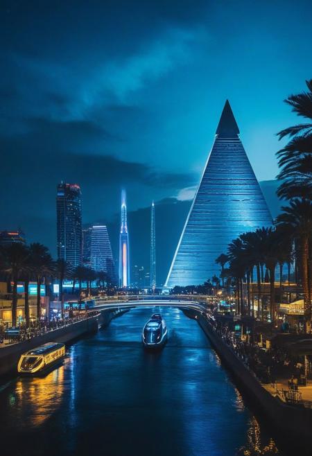 ()Hyoer Realistic:2.0)Polaroid picture of 
 futuristic, cyberpunk Egypt where ancient pyramids have been transformed into towering high-rise structures, their peaks disappearing into the clouds. The cityscape is a blend of ancient and modern architecture, with neon-lit skyscrapers and holographic advertisements illuminating the night sky.
In the foreground, a bustling spaceport hums with activity as sleek, silver spacecraft take off and land, their engines glowing with a soft blue light. The air is thick with the hum of hovercars and grav-bikes, zipping past pedestrians clad in futuristic attire.
The city's infrastructure is a marvel of modern engineering, with elevated walkways and monorails crisscrossing the metropolis. Interstate highways weave through the city, lined with towering trees and sparkling waterfalls that cascade into crystal-clear canals.
Despite the futuristic landscape, remnants of ancient Egypt remain. The Sphinx stands watch over the city, its face now a holographic display that shifts and changes as you gaze upon it. The Nile River flows through the heart of the city, its banks lined with lush greenery and vibrant marketplaces.
The atmosphere is one of utopian harmony, with people from all walks of life living and working together in perfect balance. The air is clean, the streets are safe, and the city pulses with an energy that is both exhilarating and serene.