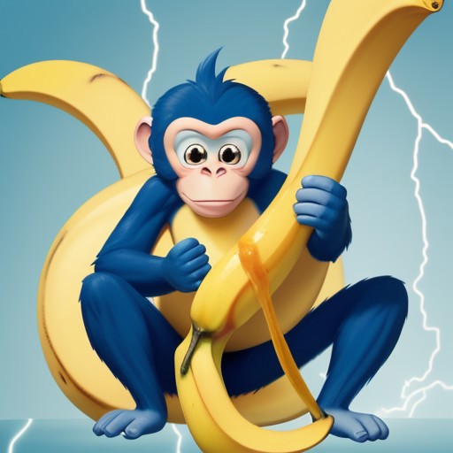 cartoon, A blue greedy monkey holding a yellow lightning shaped banana