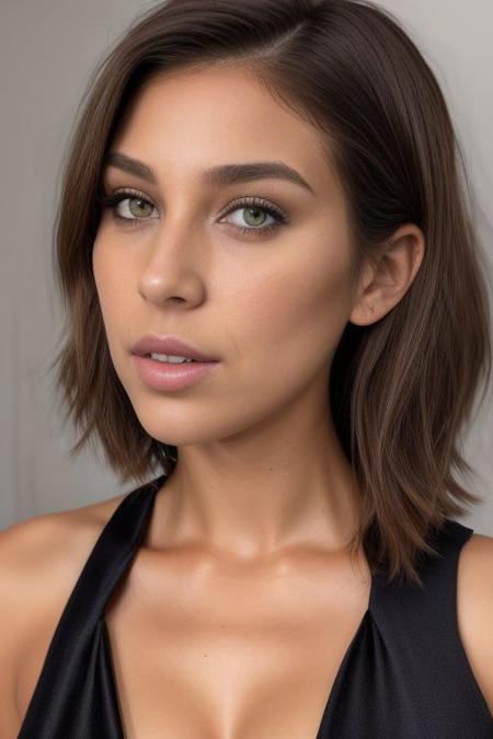 a close up shot of a beautiful 27yo girl, ((realistic green eyes)), black night dress, ((short hair))