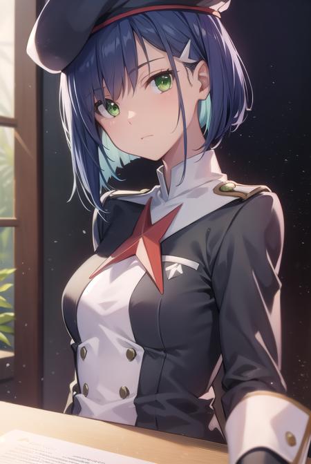 franxxichigo, <lyco:ichigo-lyco-nochekaiser:1>, 
ichigo, blue hair, (green eyes:1.5), hair ornament, hairclip, short hair,
BREAK beret, hat, military, military uniform, uniform,
BREAK looking at viewer,
BREAK indoors, classroom,
BREAK <lyco:GoodHands-beta2:1>, (masterpiece:1.2), best quality, high resolution, unity 8k wallpaper, (illustration:0.8), (beautiful detailed eyes:1.6), extremely detailed face, perfect lighting, extremely detailed CG, (perfect hands, perfect anatomy),