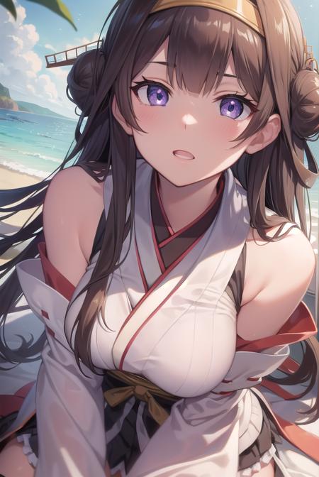 kongou, ahoge, brown hair, double bun, hair bun, hairband, headgear, long hair, (purple eyes:1.1),  boots, detached sleeves, japanese clothes, nontraditional miko, ribbon trim, ribbon-trimmed sleeves, thigh boots, wide sleeves,