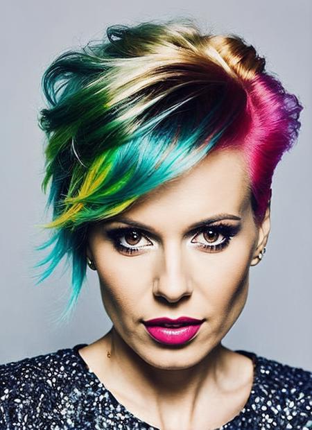 analog style, modelshoot style, portrait of sks woman by Flora Borsi, style by Flora Borsi, bold, bright colours, rainbow Mohawk haircut, ((Flora Borsi)), <lora:locon_doda_v1_from_v1_64_32:1.25>