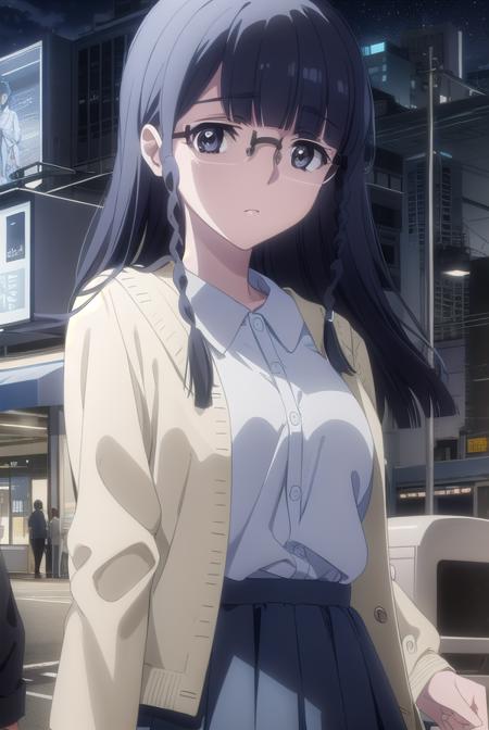 setsunashimazaki, <lora:setsuna shimazaki s1-lora-nochekaiser:1>,
setsuna shimazaki, long hair, bangs, (black eyes:1.5), black hair, braid, glasses, blunt bangs, twin braids, semi-rimless eyewear, under-rim eyewear,
BREAK shirt, blue shirt, collared shirt, cardigan, yellow cardigan, skirt, blue skirt,
BREAK outdoor, city, night, sky, buildings, moon, clouds,
BREAK looking at viewer, (cowboy shot:1.5),
BREAK <lyco:GoodHands-beta2:1>, (masterpiece:1.2), best quality, high resolution, unity 8k wallpaper, (illustration:0.8), (beautiful detailed eyes:1.6), extremely detailed face, perfect lighting, extremely detailed CG, (perfect hands, perfect anatomy),