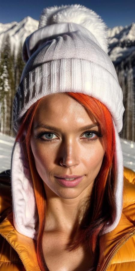 portrait of anna_bell_peaks, (1girl:1.4),
((closeup portrait)),
((front view)), ((full-body)),
((best quality)), ((masterpiece)), ((hyper-realistic)), (ultra-detailed), photo, high quality,
(white|yellow|orange hair:1.3),
face at the center of frame,
looking at the viewer,
hands apart,
(clothing:1.1),
(covered breast:1.4),
 wearing a (closed puffy winter jacket:1.3), hoop earrings, (wearing a white beanie:1.3), posing for a photo,
walking pose,
makeup, mascara,
standing (at a ski slope:1.2),
(bokeh),(detailed), (intricate), (cinematic lighting), (sharp focus on eyes), (skin texture:1.2),
((highly detailed face, realistic skin texture)),
sharp focus,
fujifilm xt3, natural skin texture, 
<lora:anna_bell_peaks:0.8>, <lora:add_detail:0.4>, <lora:more_details:0.5>,