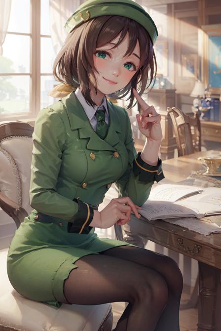 (masterpiece, best quality:1.2), <lora:umamusume_hayakawa-10:1>, solo, 1girl, hayakawa tazuna, smile, closed mouth, looking at viewer, sitting, low ponytail, green headwear, green jacket, green skirt, pantyhose