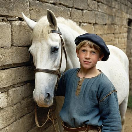 a medieval stable boy, peasant clothes, cap, (faint of enigmatic smile:0.25), stern, looking at viewer, eye contact, portrait, vintage photo, brushing a white horse, castle stables, 