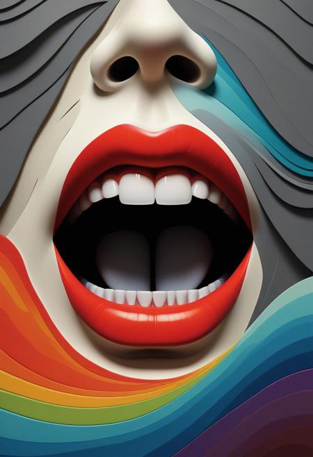 The image is a photograph of a surreal, artistic mural. The artwork features a stylized, exaggerated depiction of a human mouth, rendered in a bold, graphic style. The mouth is wide open, revealing a row of large, white teeth. The lips are painted in a vivid, glossy red, with a slightly exaggerated, cartoonish appearance.
The image is a digital artwork featuring a surreal, abstract portrait of a person. The subject's face is obscured by a wavy, undulating pattern that creates a hypnotic, almost hypnotic effect. The waves are in shades of light brown and beige, giving the impression of a textured, almost fabric-like overlay. The face itself is barely discernible, with the eyes, nose, and mouth indistinct due to the wavy pattern.
The image is a digital artwork featuring a stylized, abstract representation of a mountain. The mountain is depicted in a geometric, minimalist style with a gradient color scheme. The mountain's silhouette is rendered in dark gray, with a subtle texture suggesting rough, rocky terrain. The peak of the mountain is depicted in a vibrant, rainbow-colored gradient, transitioning from red at the top to orange, yellow, green, blue, and finally purple at the base, creating a striking visual contrast against the dark mountain.
