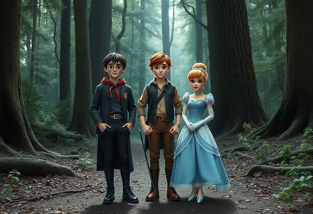 Image of Harry Potter and Lucky Luke standing next to Cinderella in a forest