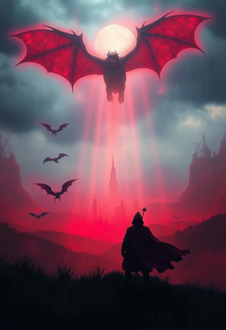n1ghtm@r3, strange city in the distance, light rays, cape, landscape, fog, red theme, monster silhouette in background, flying beasts. stormy weather