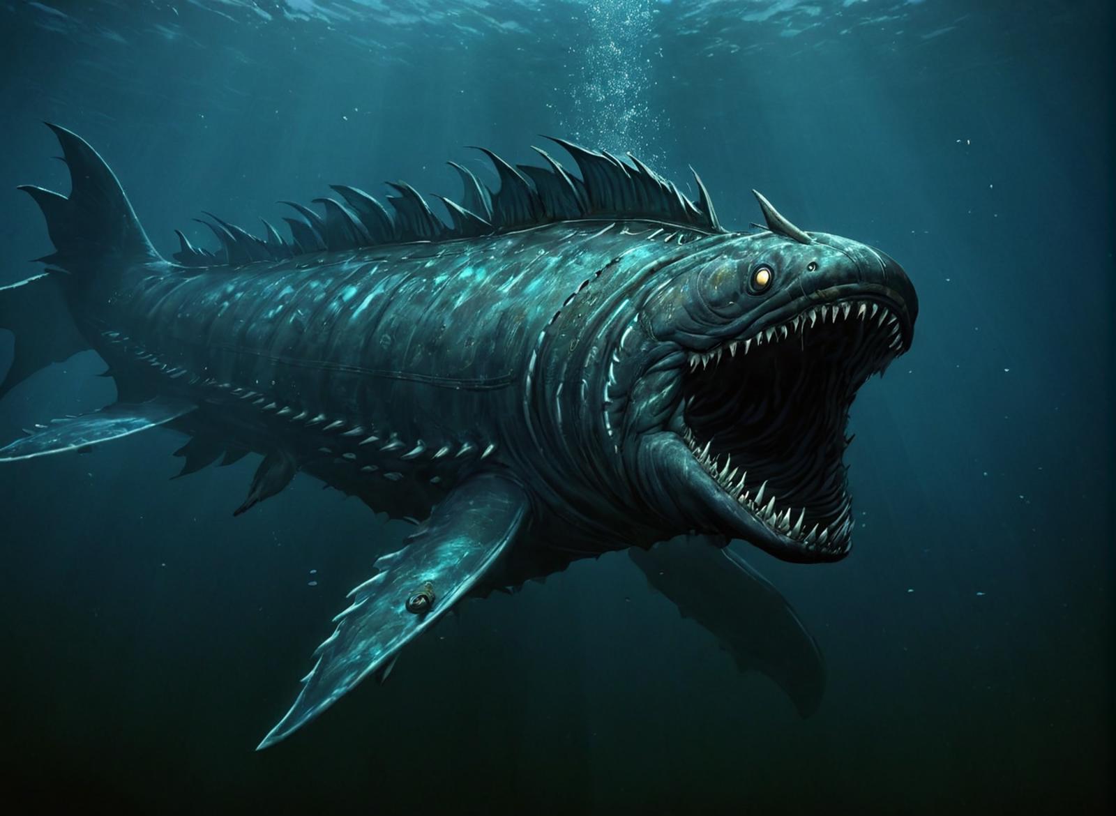 A large blue sea monster with sharp teeth and a menacing expression.