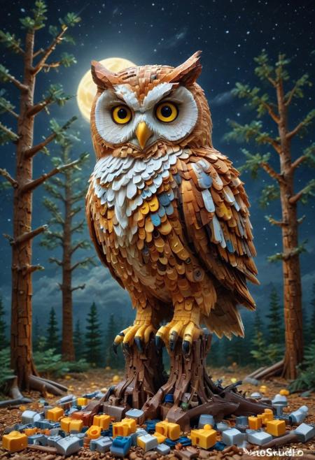 LEGO, detailed LEGO owl perched on a branch made of stacked brown bricks, glowing yellow LEGO eyes, pixelated moon in the background, surrounded by geometric LEGO trees and low-poly clouds, SDXL, whimsical and textured, nighttime toy diorama