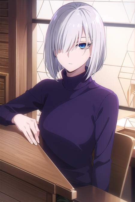 fiona frost, white hair, short hair, (hair over one eye:1.5), (grey eyes:1.5), long sleeves, pants, sweater, turtleneck, black pants, watch, turtleneck sweater, wristwatch, purple sweater,