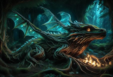 midjourneyv6.1, PG-TR, glowing cave nursery inside a giant tree root system, soft firelight and bioluminescence, 
(1 young dragon), wings formed from fractalized root membranes, scales made of bark and amber crystals, 
tiny glowing mushrooms on its horns, curled in a nest of moss and enchanted vines, 
surrounded by floating glyphs and protective light spores, curious eyes looking up at the viewer