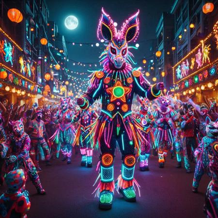 LED, colorful LED lights,
(focus on horses:1.5),
A vibrant festival parade at night, featuring a lead character in a dazzling neon-lit outfit glowing with pink, blue, green, and purple LED lights, intricate and flashy costume design, standing confidently in a full-body pose, capturing all attention. Behind them, a lively procession of diverse characters including animal-masked dancers, clowns, and performers adorned with star and moon motifs, all wearing colorful, glowing costumes. The background showcases a bustling night city with glowing lanterns and festive lights, a cheering crowd adding to the energetic atmosphere. The scene is vivid, cyberpunk-inspired, with highly detailed, dynamic, and colorful visuals.
8k, score_9, score_8_up, score_7_up,
masterpiece,realistic,ultra detailed, vibrant colors,photo-realistic,