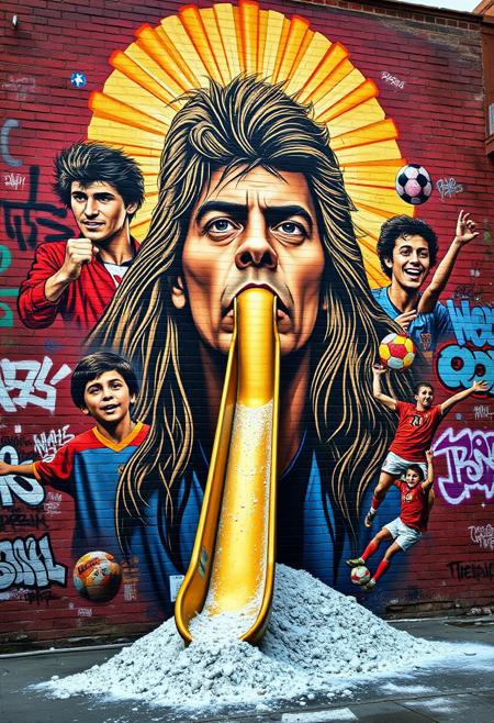 “A surreal and detailed mural of Diego Armando Maradona painted on a large urban brick wall, featuring multiple iconic moments of his career in a collage style. Maradona’s central figure is depicted with expressive eyes, his legendary long hair, and a radiant golden aura around his head symbolizing his legacy. From the nostrils of one prominent portrait, a 3D child slide emerges, winding down dramatically and covered in white powder, symbolically gathering in a pile on the floor. Around him, smaller depictions of his ‘Hand of God’ goal, his joyful celebrations, and a young Maradona playing in the streets of Buenos Aires are painted. The setting includes vivid graffiti tags and urban decay, creating a powerful mix of nostalgia and raw urban energy, with vibrant colors and symbolic contrasts highlighting his complex story.”