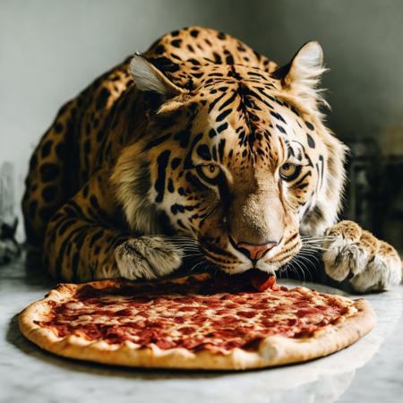 realistic photo of a big cat eating a pepperoni pizza with extra cheese. You can see the reflection of the camera in his eyes. vodka_portraits <lora:vodka_portraits:0.7>