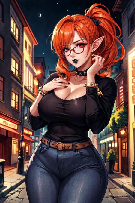 (masterpiece:1.2, best quality:1.2, beautiful, high quality, highres:1.1, aesthetic), detailed, soft lighting, perfect eyes, perfect face, perfect lighting, perfect hands , perfect fingers,
mature female,  1girl, milf, elf , elf ears, ((orange hair)), short hair , ponytail,  black ribbon, lipstick , black lips, (red eyes:1.4), ((glasses)), eyelashes, makeup,
black  collar, medium breasts, curvy, voluptuous, thick thighs, cleavage ,(wearing a tight black shirt:1.2), (wearing tight blue jeans:1.1), spiked bracelet , bracelet with spikes, earings,  high heels,
looking at viewer  cowboy pose, dark fantasy ,outdoors, quiet street , night, night sky,  <lora:milfication:0.7> ,  <lora:envybetterhandsLocon_beta2:1>, <lora:add_detail:0.4>, <lora:GoodHands-beta2:1>