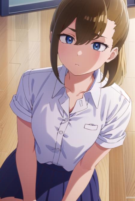 serinayoshida, <lora:serina yoshida s1-lora-nochekaiser:1>,
serina yoshida, brown hair, ponytail, (black eyes:1.5),
BREAK skirt, shirt, school uniform, white shirt, short sleeves, pleated skirt, collared shirt, blue skirt,
BREAK indoors, classroom,
BREAK looking at viewer, (cowboy shot:1.5),
BREAK <lyco:GoodHands-beta2:1>, (masterpiece:1.2), best quality, high resolution, unity 8k wallpaper, (illustration:0.8), (beautiful detailed eyes:1.6), extremely detailed face, perfect lighting, extremely detailed CG, (perfect hands, perfect anatomy),