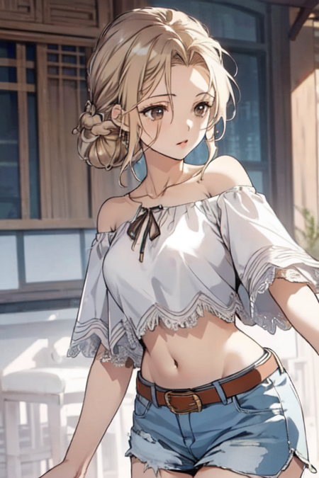 JiangShaoXu, 1girl, solo blonde hair, white shirt, brown eyes, braid, blue shorts, midriff, belt, off shoulder, single hair bun, crop top, short shorts, 