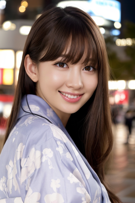 1girl,((wearing a yukata)),(in Shibuya city center:1.4),(RAW photo, best quality), (realistic, photo-realistic:1.4), masterpiece, an extremely delicate and beautiful, extremely detailed, 2k wallpaper, Amazing, finely detail, extremely detailed CG unity 8k wallpaper, ultra-detailed, highres, soft light, beautiful detailed girl, extremely detailed eyes and face, beautiful detailed nose, beautiful detailed eyes,cinematic lighting,city lights at night,perfect anatomy,slender body,light smile,