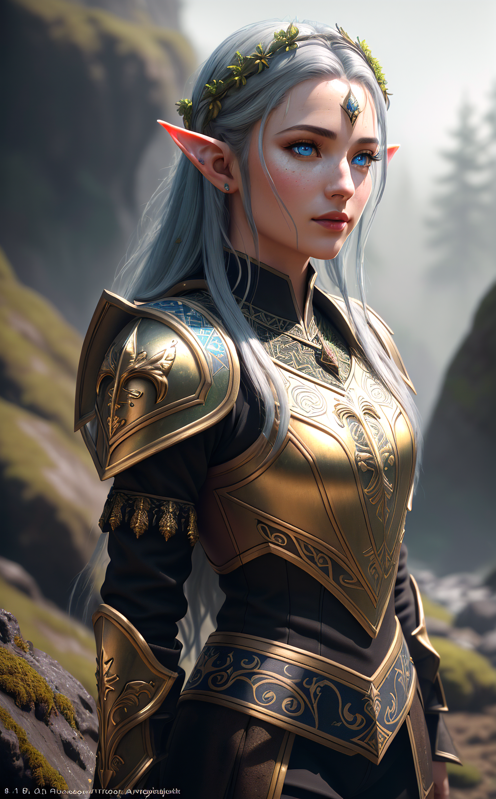 painted (close up portrait) (3/4 view) of a beautiful young elf girl with long wet hair, wearing a full suit of polished b...