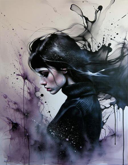 Oil painting rendered in ethereal pastels. 
Subject: A brunette woman, with alabaster skin, wearing a black jumper. 
Palette: crushed lavender blush, powdered sugar highlights, inky swirls. 
Diffused studio light fractures through airborne ink droplets — innocence laced with liquid chaos.