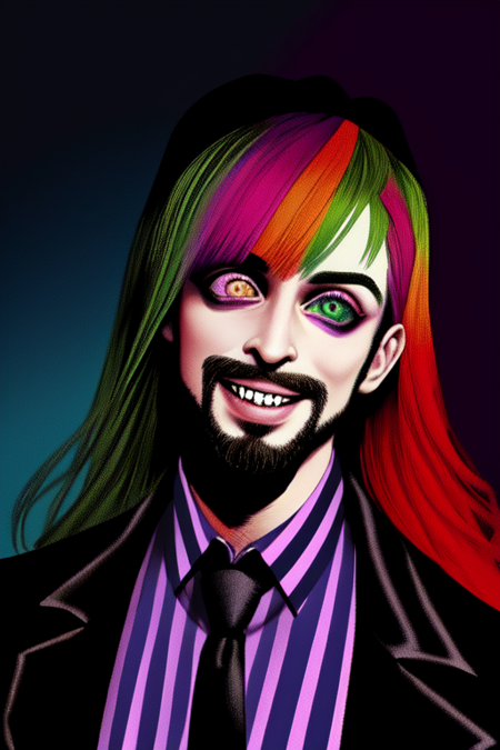 Beetlejuice, 1boy, male focus, solo, masculine, facial hair, beard, dirty face, (demonic, semi realistic),holographic eyes, heterochromia, purple eyes, striped jacket,striped shirt, two tone hair, streaked hair, multicolored hair, red hair, green hair, wild hair, evil scene, prison clothes, necktie, teeth, side lighting, ray tracing, depth of field, solo, extreme light and shadow, masterpiece, post apocalyptic, rich in detail,(detailed eyes), (handsome) detailed, (dirt splotches), extreme light and shadow, (beetlejuice), detailed eyes,(masterpiece), (extremely detailed CG unity 8k wallpaper),(best quality), (ultra-detailed), (best illustration),(best shadow),rim lighting, beetlejuice, ((Beetlejuice)), crazy grin, crazy expression,(zentangle, mandala, tangle, entangle:0.6),