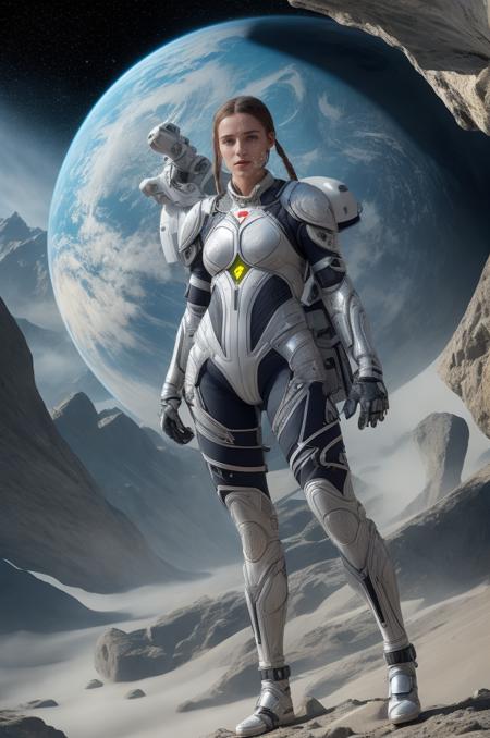 Photo of a Swiss social worker girl in the surreal planet raphael lacoste, tight soft light suit, detailed background, complex background, blurry, satellite from space,