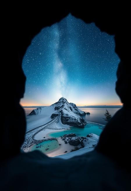 Time lapse photo of the night sky over a cold snowy mountain with a double exposure in the shape of a keyhole showing tropical beaches