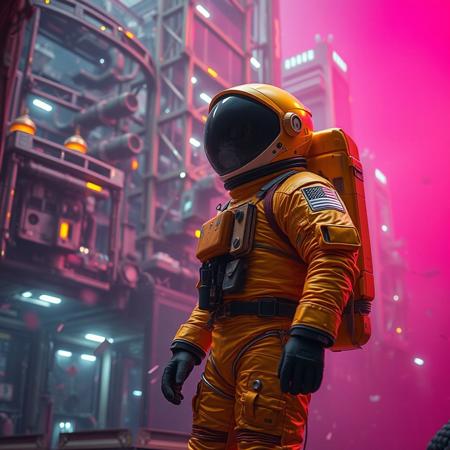 A cinematic shot of an astronaut in a vibrant golden spacesuit standing in the foreground, with a massive, intricate space station or spacecraft as the backdrop. The space station is adorned with numerous lights, windows, and technical details. The astronaut's suit is equipped with various gadgets and patches. The atmosphere is filled with floating debris and a hazy magenta glow