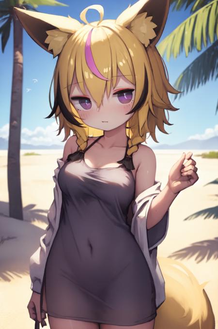 masterpiece, omaru polka, fox ears, blonde hair, playing card theme, fox girl, fox tail, streaked hair, (black hair:0.4), (pink hair:0.4), (facial marks:0.6), purple eyes, symbol shaped pupils, side braid, hair over shoulder, ahoge, medium breasts, desert, palm trees, sand, outdoors