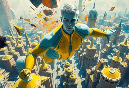1boy, blue skinned, silver metallic short hair,  aged 30 (full body, facing camera, from below). Futuristic fashion, a golden yellow and teal  high tech bodysuit ,  it is form fitting with an open face design. the man has pale blue skin and is muscular and has an athletic  form , the hero is flying above a futuristic alien city that is very idyllic and made of numerous organic shaped buildings ,, the city behind him exploding into fractured shapes and vibrant brushstrokes. cinematic realism, modernist abstraction, vintage fashion, expressive color palette, fragmented composition, narrative surrealism, romantic noir, bold geometric forms, rhythmic patterns, textured brushwork, dreamlike tension, symbolic elements, 20th-century elegance, surreal backgrounds, abstract expression, stylized figures, visual dynamism, painterly contrast, emotional ambiguity, narrative experimentation
