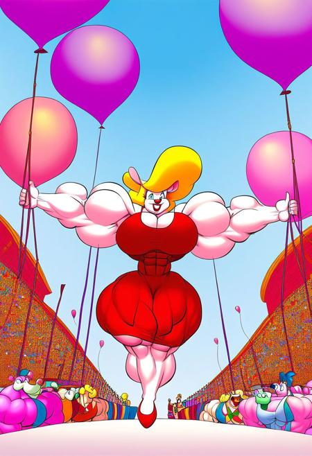 Minerva Mink (Animaniacs), yellow hair, red dress, big muscle,large muscle,hyper muscle,huge muscle,thick limbs,thick thighs,thick arms, full body, monster muscles, parade balloon, parade, floating, tied down my strings, giant balloon, viewed from below, pov looking up