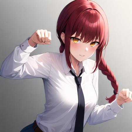 masterpiece, best quality, PP,  paw pose, makima \(chainsaw man\), best quality, ultra detailed, 1girl, solo, standing, red hair, long braided hair, golden eyes, bangs, medium breasts, white shirt, necktie,