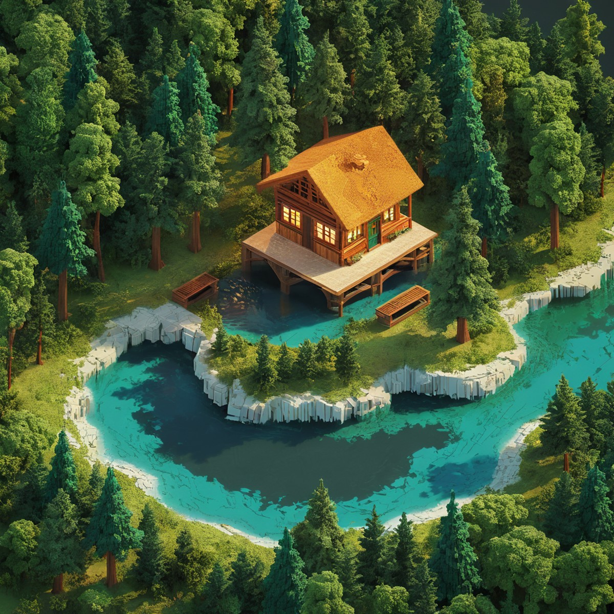 isometric style small cabin, forest, river, tilemapstyle, voxell, square, scenery, <lora:TileMapStyle_v1:0.85> . vibrant, ...